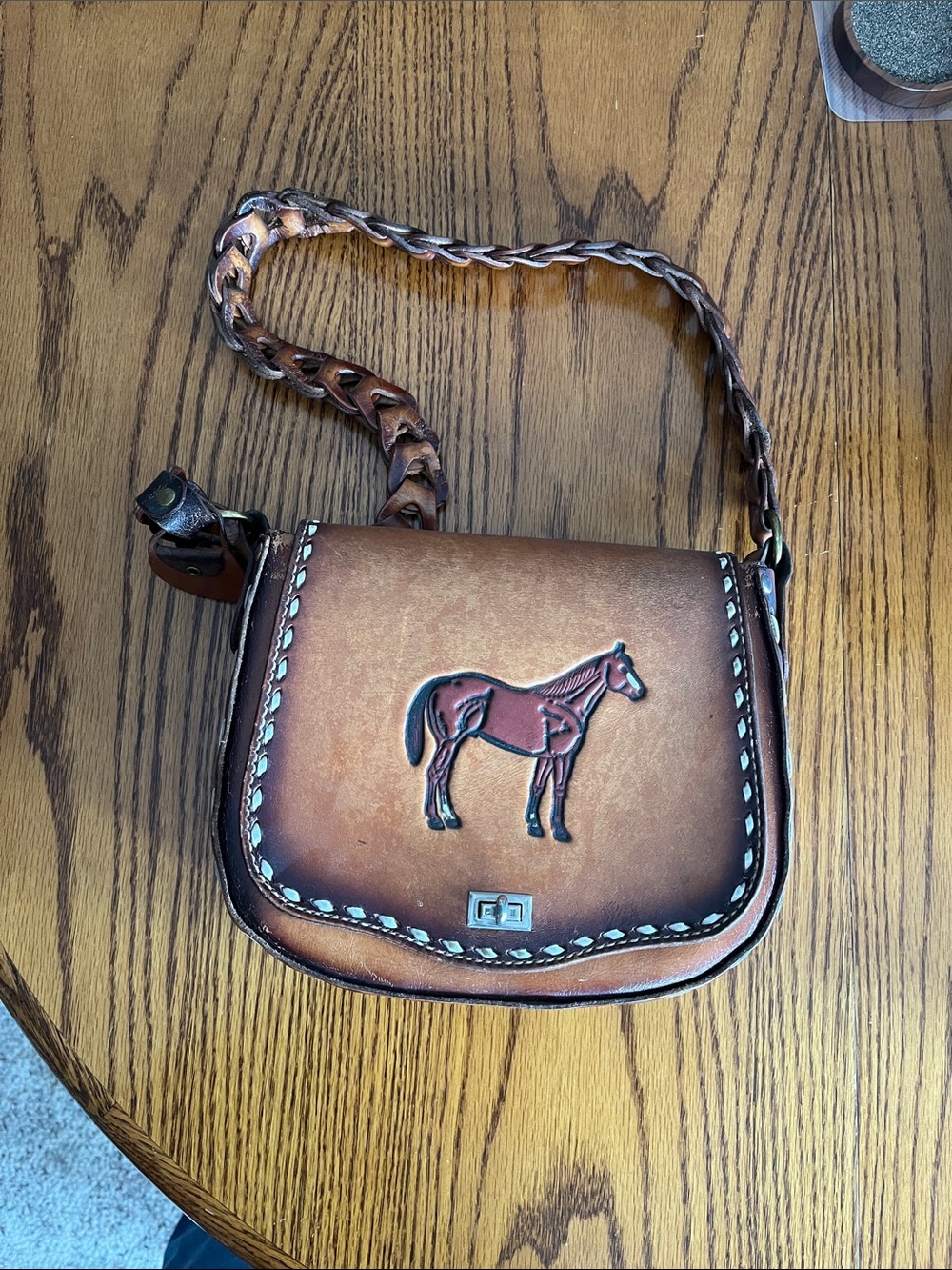 VINTAGE Tony Lama Brown Tooled Leather Horse Saddlebag Crossbody